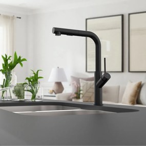 Baterie bucatarie cu dus extractibil Rubineta Bona finisaj negru mat 2 functii