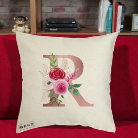 Cadou Personalizat - Perna Personalizata Monograma Rose Gold Litera R, 40x40 cm, Ecru, Husa Detasabila, Perna Inclusa, BEKZ®