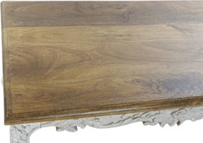 Măsuță de cafea dreptunghiulară din lemn de mango sculptat manual, natur și alb, finisaj antichizat, 49 x 120 x 61 cm, „Floralis” – Ethnic Collections