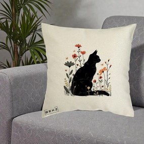 Perna Decorativa Pisica Neagra Profil Flori Portocalii, 40x40 cm, Ecru, Husa Detasabila, Perna Inclusa, BEKZ®