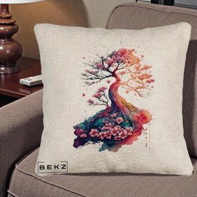 Perna Decorativa Copac Sakura Acuarela Fantasy, 40x40 cm, Bej Canapea, Husa Detasabila, Perna Inclusa, BEKZ®