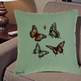 Perna Decorativa Colectie Fluturi Multicolori, 40x40 cm, Verde, Husa Detasabila, Perna Inclusa, BEKZ®
