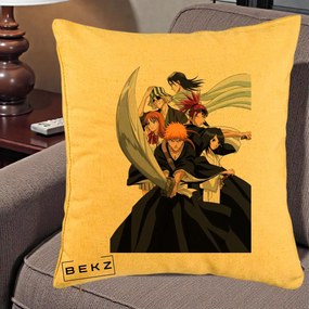 Perna Personalizata Bleach Grup Complet Ichigo si Prietenii, 40x40 cm, Galben, Husa Detasabila, Perna Inclusa, BEKZ®