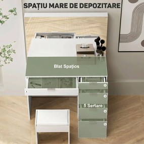 HOMCOM Set Masă de Toaletă cu Oglindă și 5 Sertare și Taburet de Machiaj Tapițat, 97,2x44,5x136,5 cm, Alb | Aosom Romania