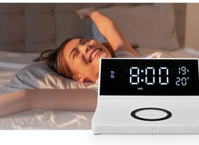 Nedis WCACQ20WT - Ceas cu alarmă, ecran LCD și încărcător wireless 15W/5V alb