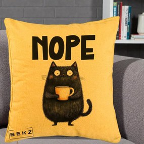 Perna Decorativa NOPE Pisica Neagra Cafea, 40x40 cm, Galben, Husa Detasabila, Perna Inclusa, BEKZ®