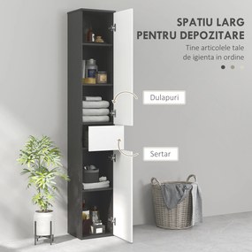 Kleankin Coloană de Baie Înaltă, Mobilier cu 2 Dulapuri, Sertar și Rafturi Reglabile din Lemn, 30x28x180 cm, Negru | Aosom Romania