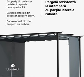 Blumfeldt Pantheon Robust Pergola, 3x4 m Oțel vopsit în câmp electrostatic, rezistent la intemperii, cu rulouri laterale.