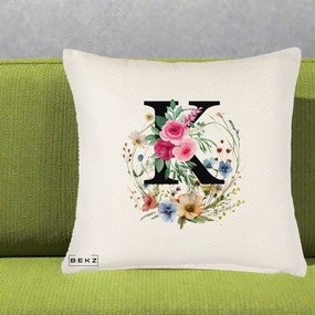 Cadou Personalizat - Perna Personalizata Monogram Litera K cu Flori Acuarela, 40x40 cm, Crem Reliefat, Husa Detasabila, Perna Inclusa, BEKZ®