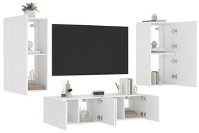 3216846 vidaXL Unități de perete TV cu LED-uri, 4 piese, alb, lemn prelucrat