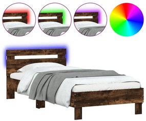 838754 vidaXL Cadru de pat cu tăblie și lumini LED, stejar fumuriu, 75x190 cm