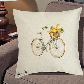 Perna Decorativa Bicicleta cu Cos de Lamai Mediteranean, 40x40 cm, Ecru, Husa Detasabila, Perna Inclusa, BEKZ®