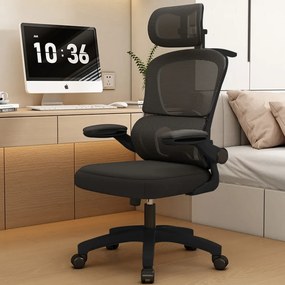 Scaun ergonomic cu suport lombar dinamic, tetieră 4D, cotiere rabatabile, Negru