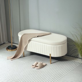 HOMCOM Bancă de Depozitare de Intrare Ovală 72L, Design Canelat cu Capac Rabatabil și Scaun Capitonat, Bancă de la Capătul Patului, Pouf, în Velur și cu Picioare din Lemn de Pin, 108x44x43.5 cm, Crem | Aosom Romania