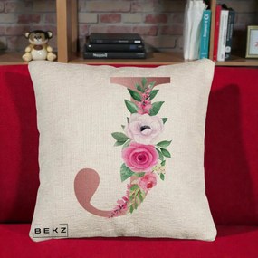 Cadou Personalizat - Perna Personalizata Monograma Rose Gold Litera J, 40x40 cm, Bej Canapea, Husa Detasabila, Perna Inclusa, BEKZ®