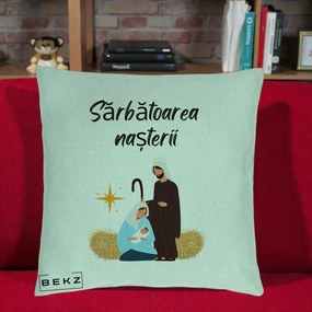 Perna Decorativa Nasterea Domnului Sfanta Familie Sarbatoarea Nasterii, 40x40 cm, Verde Menta, Husa Detasabila, Perna Inclusa, BEKZ®