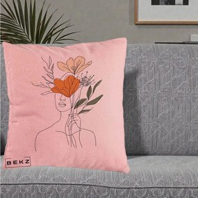 Perna Decorativa Portret Feminin Coroana Florala, 40x40 cm, Roz, Husa Detasabila, Perna Inclusa, BEKZ®