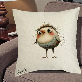 Perna Decorativa Pasare cu Penaj Zbarlit si Gene, 40x40 cm, Ecru, Husa Detasabila, Perna Inclusa, BEKZ®
