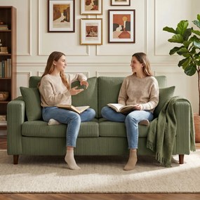 HOMCOM Canapea cu 2 Locuri de 170 cm din Catifea cu Nervuri, Șezut Lat și Adânc, Picioare din Lemn Masiv, Verde | Aosom Romania