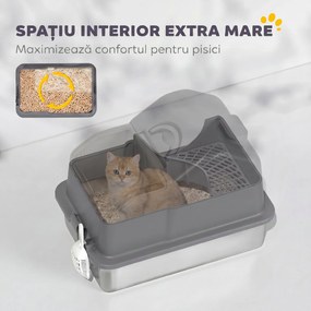 PawHut Litieră Pisici XL Închisă din Oțel Inoxidabil cu Capac, Paletă și Covoraș Colector Nisip, Gri Închis | Aosom Romania