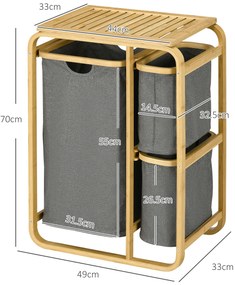 HOMCOM Coș de rufe cos de depozitare coș de rufe murdare din bambus 3 coșuri - 49l x 33P x 70H cm gri | Aosom Romania