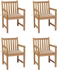 vidaXL Scaune grădină, cu perne bej, 4 buc., lemn masiv de tec