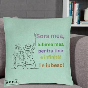 Cadou pentru Sora - Perna Personalizata Sora Mea Te Iubesc Doua Fete cu Palarie si Umbrela, 40x40 cm, Verde Menta, Husa Detasabila, Perna Inclusa, BEKZ®
