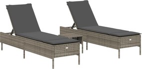vidaXL Set de șezlonguri, 3 piese, cu pernă, poliratan gri