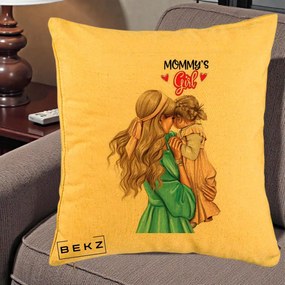 Cadou pentru Mama - Perna Personalizata Mommy's Girl Mama si Fetita, 40x40 cm, Galben, Husa Detasabila, Perna Inclusa, BEKZ®