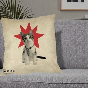 Perna Decorativa Pisica Star Pop Art, 40x40 cm, Crem, Husa Detasabila, Perna Inclusa, BEKZ®
