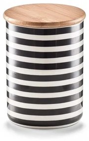 Recipient ceramic pentru depozitare Stripes, capac din bambus, Black/White, 580 ml, Ø 10xH13 cm