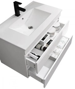 Mobilier de baie Cube 80 cm cu lavoar ceramic (2 sertare) și oglindă 60x80 cm vopsit în alb lucios