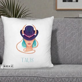 Perna Personalizata Zodie Taur, 40x40 cm, Alb Pufos, Husa Detasabila, Perna Inclusa, BEKZ®