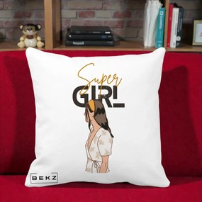 Perna Decorativa Super Girl Aesthetic, 40x40 cm, Alba Mata, Husa Detasabila, Perna Inclusa, BEKZ®