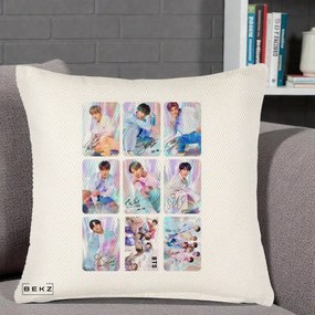 Perna Personalizata K-pop BTS Colaj 9 Fotografii Autografe Individual, 40x40 cm, Crem Reliefat, Husa Detasabila, Perna Inclusa, BEKZ®