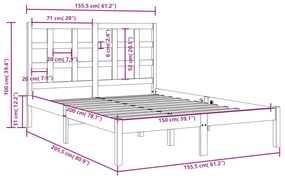 Cadru de pat 5FT King Size, maro miere, 150x200 cm, lemn masiv maro miere, 150 x 200 cm