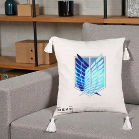 Perna Personalizata Attack on Titan Wings of Freedom, 40x40 cm, Bej cu Franjuri, Husa Detasabila, Perna Inclusa, BEKZ®