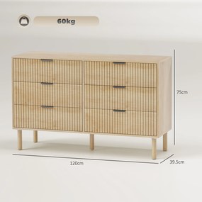 HOMCOM Comodă cu 6 Sertare din Lemn pentru Dormitor și Hol, Stil Nordic, 120 x 39,5 x 75 cm, Stejar | Aosom Romania