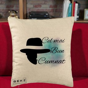 Cadou pentru Cumnat - Perna Personalizata Cel mai Bun Cumnat cu Silueta Palarie si Pete Teal-Roz, 40x40 cm, Bej, Husa Detasabila, Perna Inclusa, BEKZ®