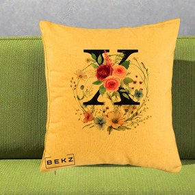 Cadou Personalizat - Perna Personalizata Monograma Florala Litera X cu Coroana, 40x40 cm, Galben, Husa Detasabila, Perna Inclusa, BEKZ®