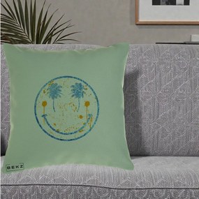 Perna Decorativa Smiley Face Tropical Albastru Glitter si Portocaliu, 40x40 cm, Verde, Husa Detasabila, Perna Inclusa, BEKZ®