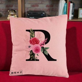 Cadou Personalizat - Perna Personalizata Monograma Florala Litera R, 40x40 cm, Roz, Husa Detasabila, Perna Inclusa, BEKZ®