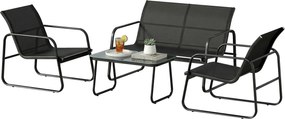 Outsunny Set Grădină Exterior 4 Piese cu Canapea 2 Locuri 2 Fotolii Masă cu Sticlă Securizată Țesătură Textilene Gri închis | Aosom Romania