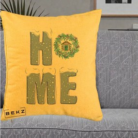 Perna Decorativa HOME Iarna cu Coroana, 40x40 cm, Galben, Husa Detasabila, Perna Inclusa, BEKZ®