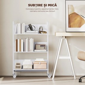 HOMCOM Cărucior Modern pentru Cărți cu 3 Nivele și Roți Pivotante pentru Cărți și Reviste, 69x26x108 cm, Alb | Aosom Romania