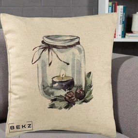 Perna Decorativa Felinar cu Lumanare si Conuri, 40x40 cm, Bej, Husa Detasabila, Perna Inclusa, BEKZ®