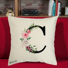 Cadou Personalizat - Perna Personalizata Monograma Florala Litera C, 40x40 cm, Ecru, Husa Detasabila, Perna Inclusa, BEKZ®