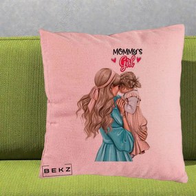 Cadou pentru Mama - Perna Personalizata Mommy's Girl Mama si Fetita, 40x40 cm, Roz, Husa Detasabila, Perna Inclusa, BEKZ®