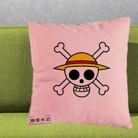 Perna Personalizata One Piece Jolly Roger Straw Hat Pirates, 40x40 cm, Roz, Husa Detasabila, Perna Inclusa, BEKZ®