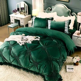 Lenjerie de pat din catifea, cu broderie, 4 piese, pat 2 persoane, verde inchis, CCJ-06
